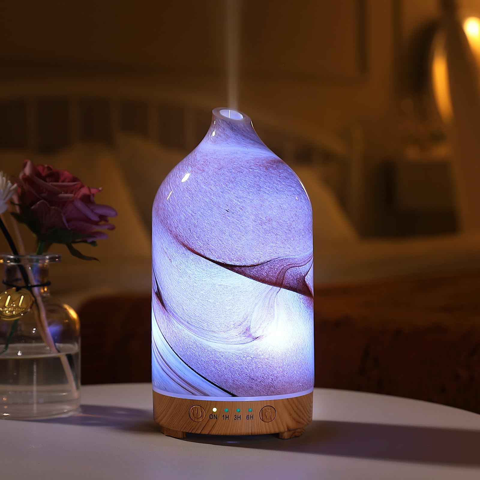 Essential Oil Diffuser Hand Blown Glass Aromatherapy Diffuser - Ultrasonic Cool Mist Scent Aroma Diffuser, Whisper Quiet with Auto Shut-Off, Timer Setting &7 Colors Night Light for Home
