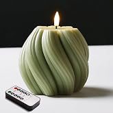 Girimax Sage Green Swirl Flameless Candle with Remote Timer | Flickering LED Round Candle, Real Wax Coating, 2 AA Battery Powered, Aesthetic Home Shelf Decor 1 Pack