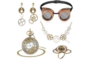 DPKOW Pack of 6 Steampunk Accessories for Women and Men - Glasses, Pocket Watch, Gears, Necklace, Earrings Jewelry Set
