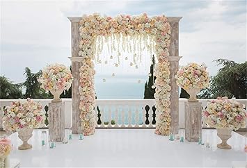 Amazon Com Laeacco Seaside Viewing Platform Wedding Shoot Backdrop 7x5ft Vinyl Romantic Floral Wedding Ceremony Doorframe Flower Stand Fence Pillars Blue Sky Photography Background Bride Groom Portrait Shoot Camera Photo background bride groom portrait shoot