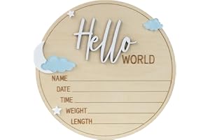 CUNCUN Hello World Baby Birth Stats Sign, 6.2 inches, Wood Engraved Hospital Announcement Board with Flower (BB75)