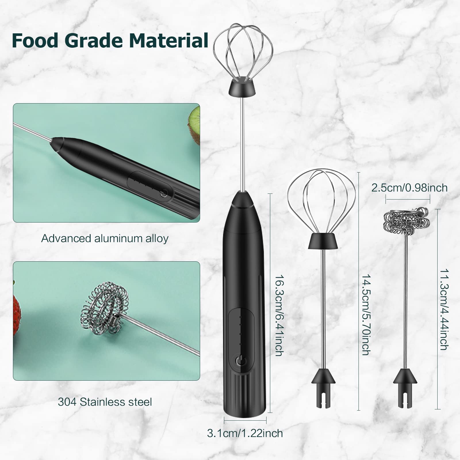 milchaufschäumer elektrisch stab,USB wiederaufladbar ​milchschäumer,melektrischer schneebesen 3 einstellbare geschwindigkeiten edelstahl für kaffee cappuccino latte heiße schokolade (Schwarz) 7
