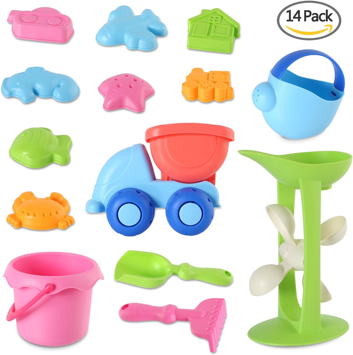 HiDreammy Beach Sand Toys for Kids Toddlers, Sandbox Toys Made up of Natural Silicone Material (BPA Free), Including Bucket, Truck, Sand Wheel, Shovel, Rake Soft Sand Molds (14 Pieces)
