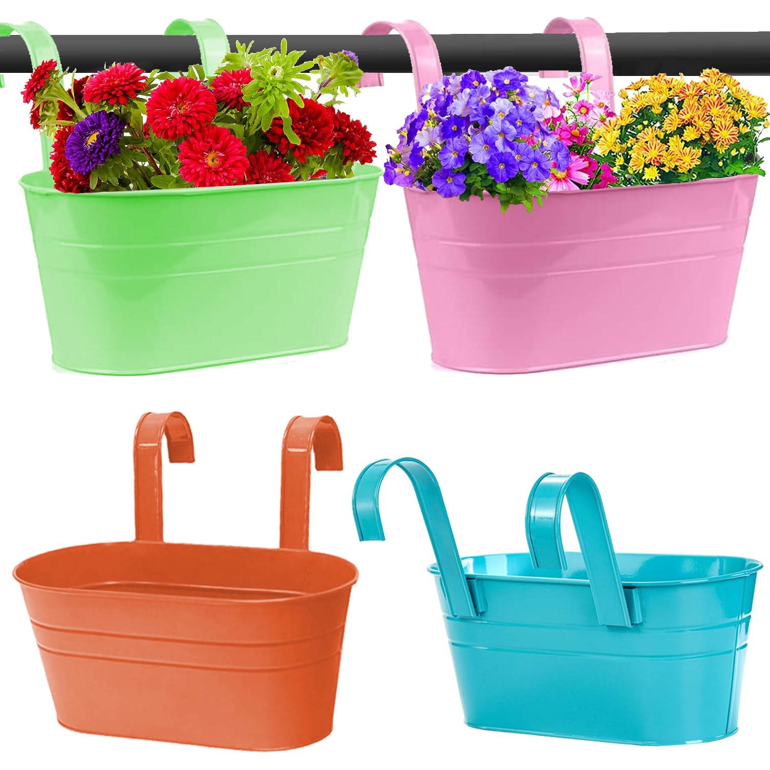 Ompinda 4 Pcs Large Oval Metal Hanging Planters, Fence Wall Flower Pots with Detachable Hooks, Multicolor, Farmhouse Style, Indoor/Outdoor