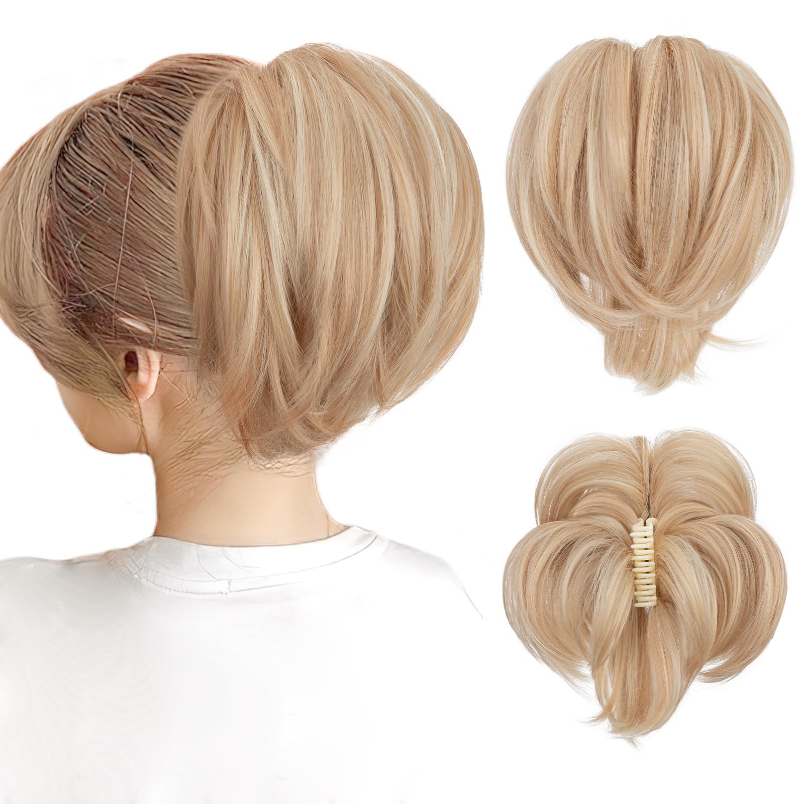 SEGOHAIR Claw Clip Short Ponytail Extension Messy Bun Hair Piece, Bendable Metal Wire Fake Bun Hair Pieces for Women-Fake Ponytail DIY Styles Hair Buns Hair Piece-Light brown & Light blonde