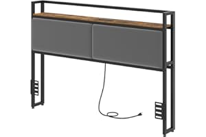 YATINEY Queen Size Headboard Only, Upholstered Queen Headboard with Charging Station, Head Board with Open Storage, Height Adjustable, Vintage Style, Sturdy and Stable, Rustic Brown, Gray and Black