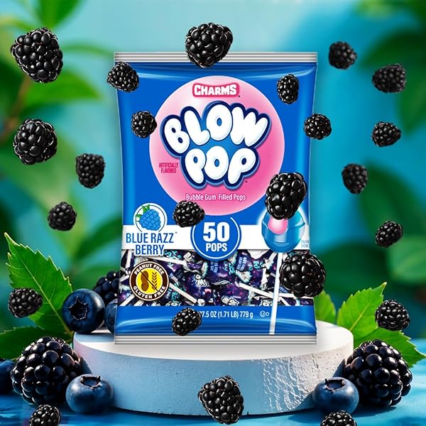 CHARMS BLOW POP SINGLE FLAVOR BAG – BLUE RASPBERRY FLAVORED LOLLIPOPS WITH A BUBBLE GUM CENTER – INDIVIDUALLY WRAPPED HARD CANDY – BLUE CANDY – PEANUT FREE, GLUTEN FREE, 50 COUNT (PACK OF 1)