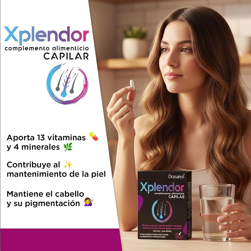XPLENDOR Capilar con 13 Vitaminas, 4 Minerales, Aminoácidos y Extractos Vegetales | Para el Cabello y su Pigmentación | Con Mijo, rico en Nutrientes y MicroNutrientes |24 Cápsulas = 24 Días