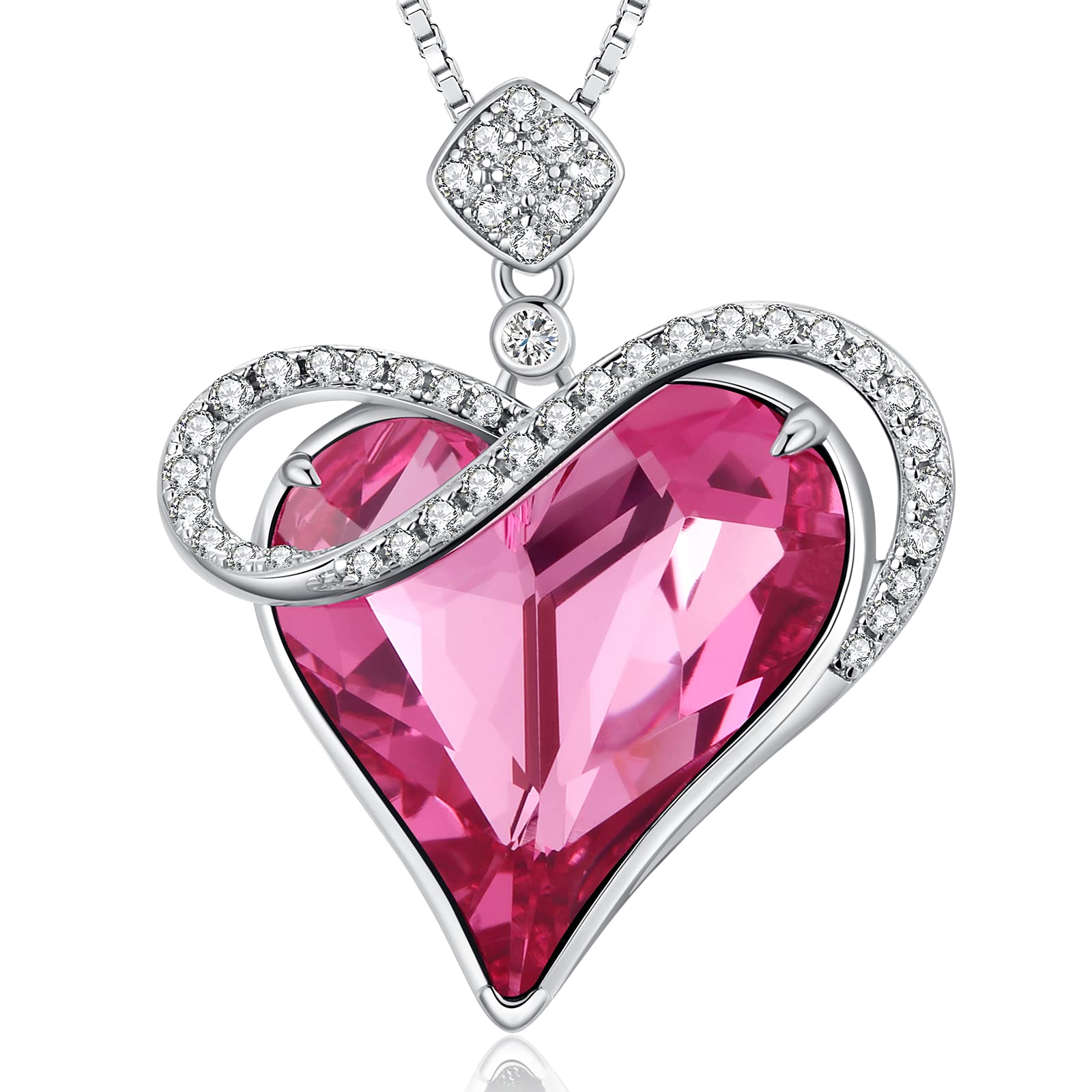 Love Heart Necklaces, Love Heart Pendant Necklace for Women Silver Crystal Necklace Women Silver Tone Crystal Birthstone Necklace CZ Diamond Necklace Pink Crystal Pendant Necklace for Mom, Girlfriend