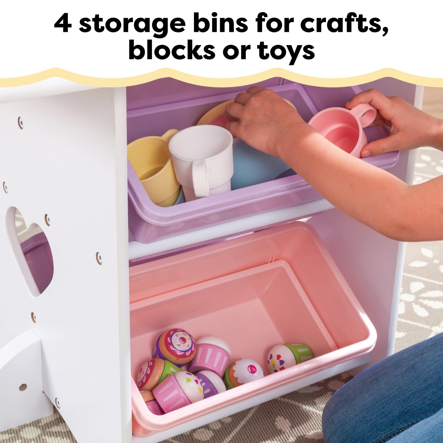 KidKraft Wooden Heart Table & Chair Set with 4 Storage Bins, Children's Furniture – Pink, Purple & White, Gift for Ages 3-8