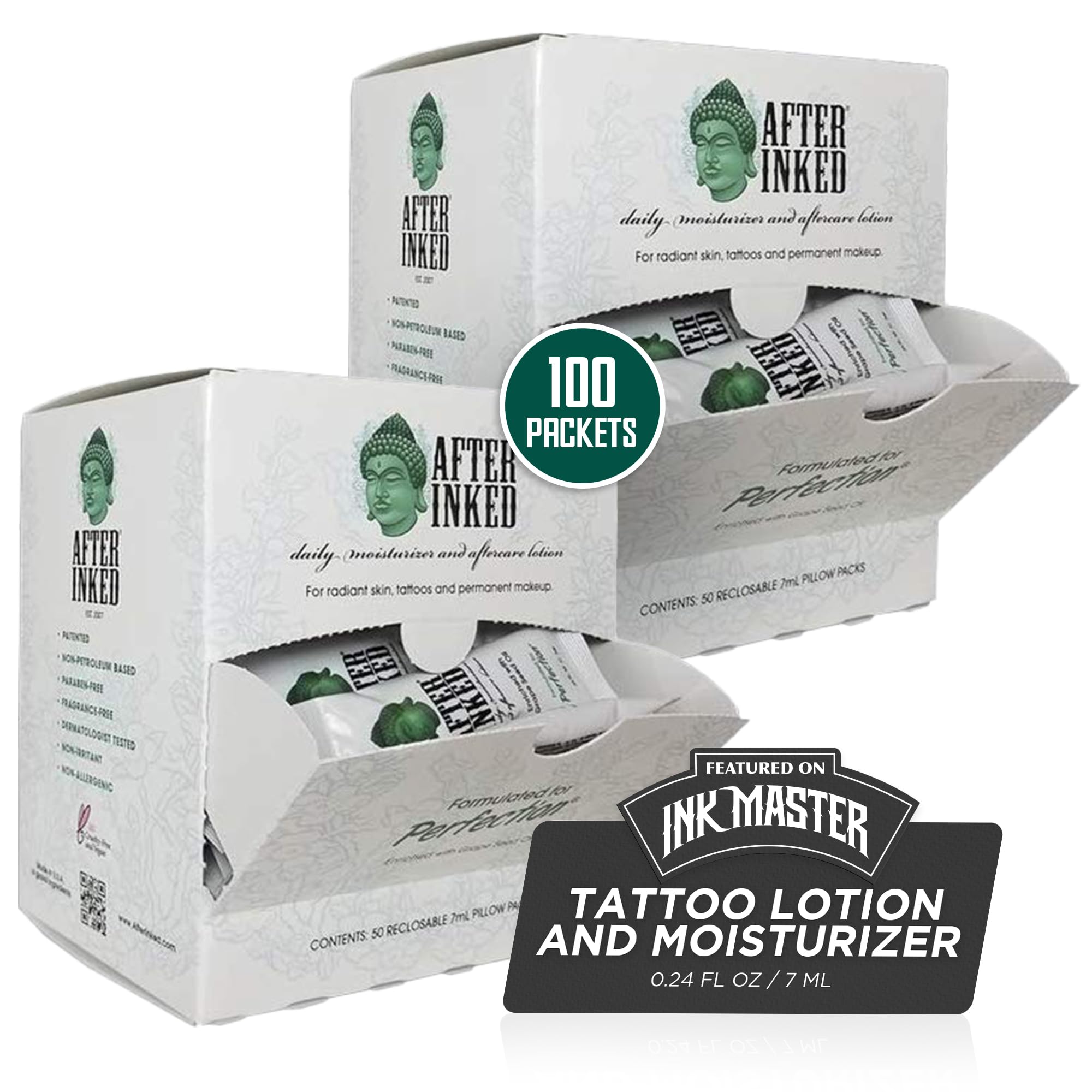 After Inked Tattoo Aftercare Lotion 100 × 7 ml Sachets Moisturizing & Healing Balm for New & Existing Tattoos – Grape Seed Oil Formula, Vegan & Cruelty‑Free Skin Care