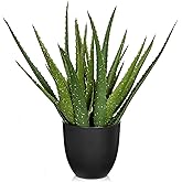 GnFlus Large Fake Succulent Aloe Vera Plants 16.5 Inch Artificial Succulents with Black Pot Faux Aloe Potted Plant for Desk Modern Home Office Bedroom Living Room Table Shelf Decor