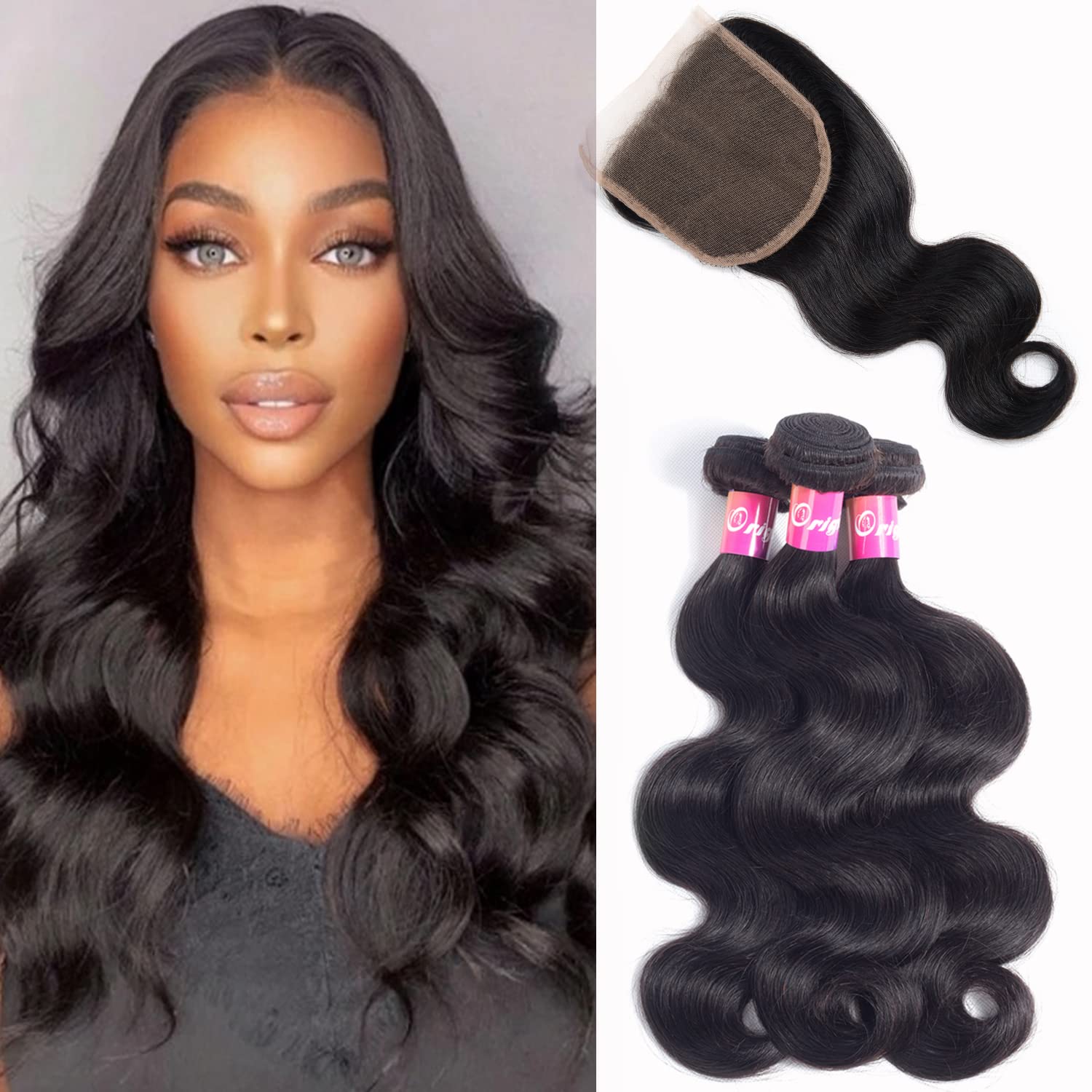 Brazilian Body Wave Virgin Hair 3 Bundles With Closure Free Part 100% Unprocessed Human Hair Remy Hair Extensions Natural Color 100g/pcs By Originea (20/22/24+18 Inch)