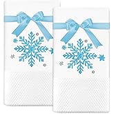 JarThenaAMCS Christmas Hand Towels Winter Blue Snowflake Embroidered Cotton Bathroom Towel Absorbent Bath Towel for Holiday Hand Drying Cleaning Cooking, 29.5 x 13.7 Inch, 2Pcs