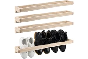 Wenqik 4 Pcs Wall Mounted Shoe Rack 30 Inch Rustic Wood Wall Hanging Shoe Rack Space Saving Footwear Holder Shoe Storage Organizer for Mudroom, Entryway, Closet (Wood Color)