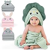 FIOBEE Hooded Baby Towels 100% Muslin Baby Bath Towels for Newborn with Animal Design Ultra-Soft and Absorbent Bath Essentials for Toddler, Unisex Girls Boys 30 x 30 inch, Green Dinosaur