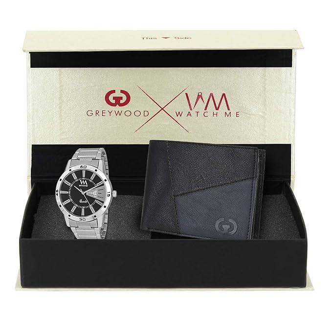 Watch Me X Greywood Mens Black Leather Wallet & Day Date Analog Watch Combo Gift Set WMGW-001-DDWM-017p4
