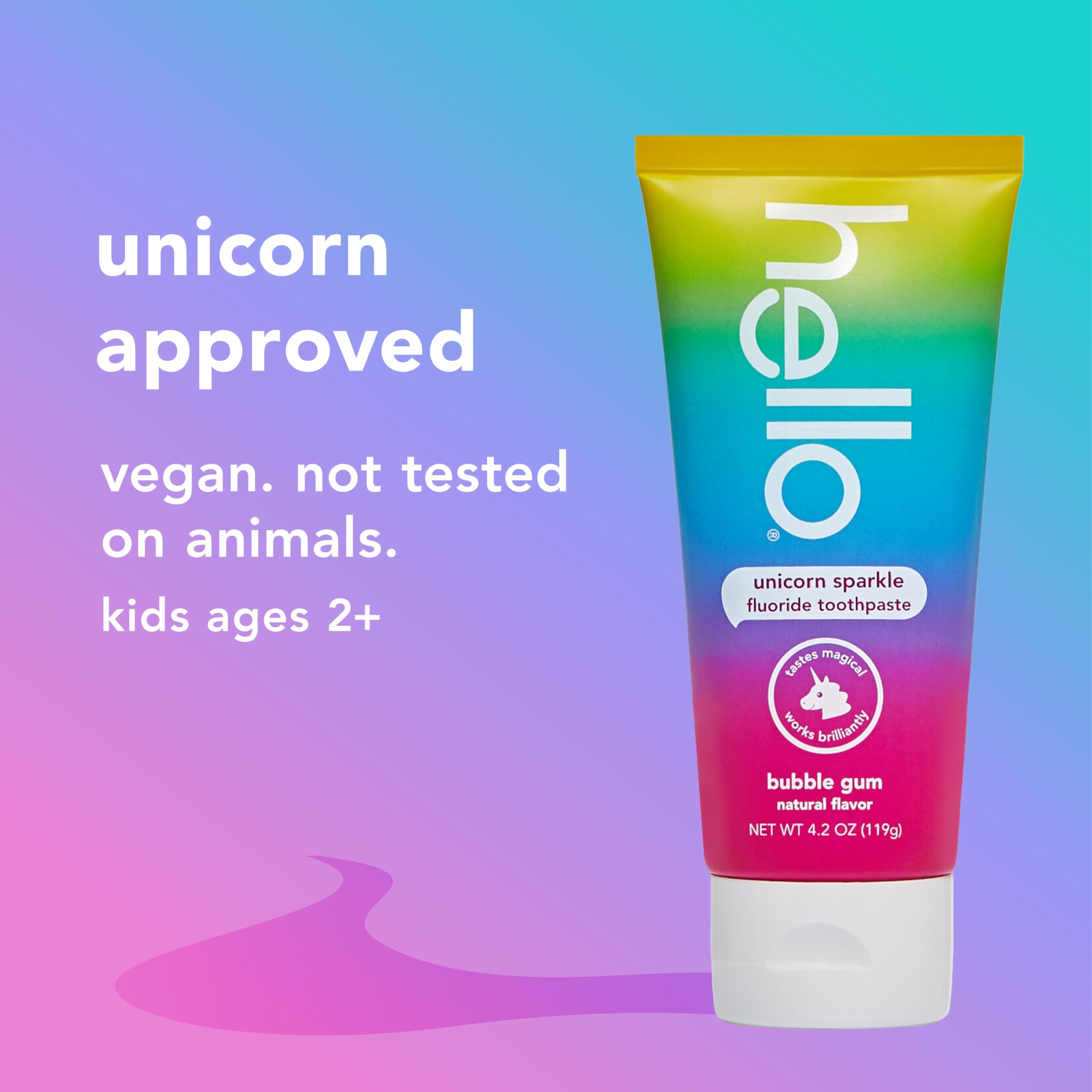 Hello Unicorn Sparkle Kids Toothpaste with Fluoride, Bubble Gum Toothpaste, 4.2 Oz Tube (Pack of 3)