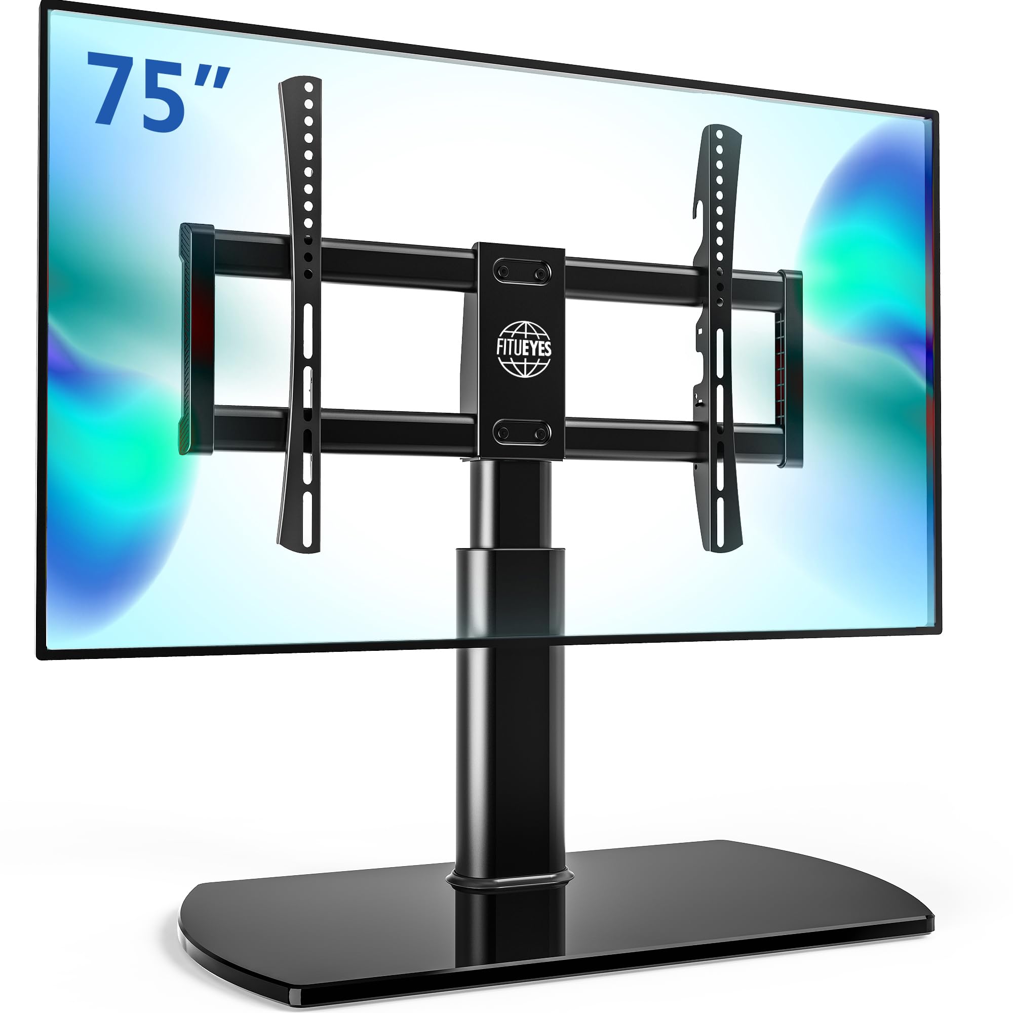 Photo 1 of FITUEYES Universal TV Stand, Swivel TV Table Stand for 32-65 70 75 Inch Flat Screen, Table Top TV Stand Base Replacement, Height Adjustable TV Mount Stand with Glass Base, Max Holds 88lbs