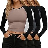 Huukeay 3 Pcs Women Raglan Long Sleeve Crop Tops Color Block Baseball Shirt Y2k Going Out Top