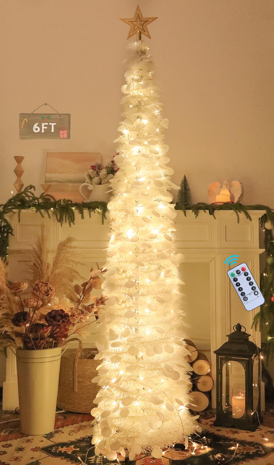 Photo 1 of (SEE NOTES) HMASYO 6 FT Pop Up Christmas Tree with 100 LED Lights & Remote, White Christmas Tinsel Tree, Collapsible Artificial Pencil Tree for Home Office Party Decor, USB Powered Timer Lights, Easy Assembly