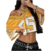 RoseSeek Women's Y2K Lace Mesh Jersey Shirts V Neck Short Sleeve Off The Shoulder Tops Crop Graphic Tees