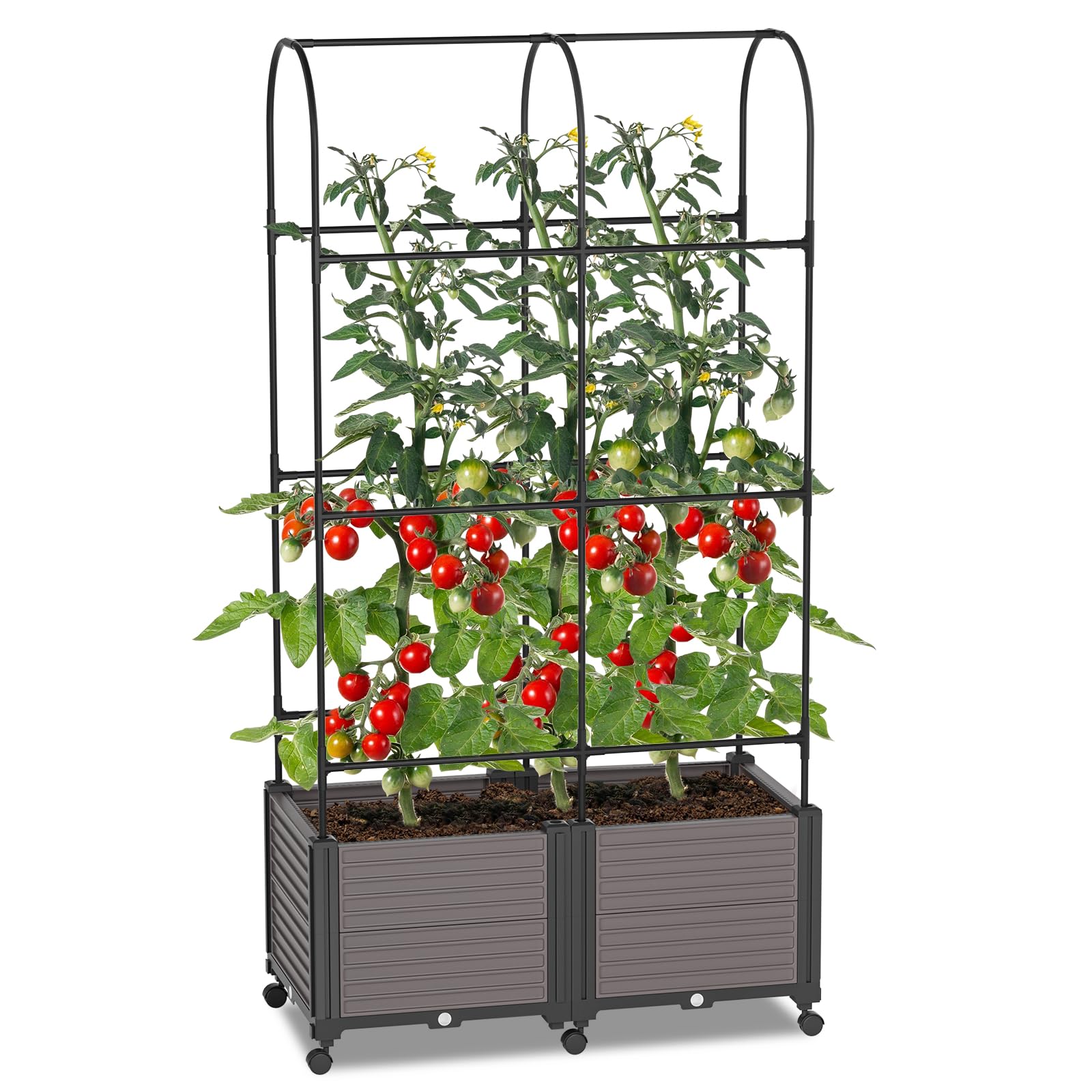 Photo 1 of UrGROWA Raised Garden Bed Outdoor Planter Box with Trellis and Wheels, Tomato Planter Cage with Trellis, Indoor Outdoor Patio Self Watering Planters for Climbing Plants Vegetable Flowers
