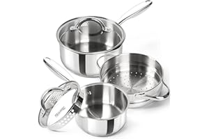 MICHELANGELO Stainless Steel Sauce Pot Set with Steamer 5Pcs, 18/10 Saucepan Set with Pour Spout & Strainer Glass Lids, Sauce