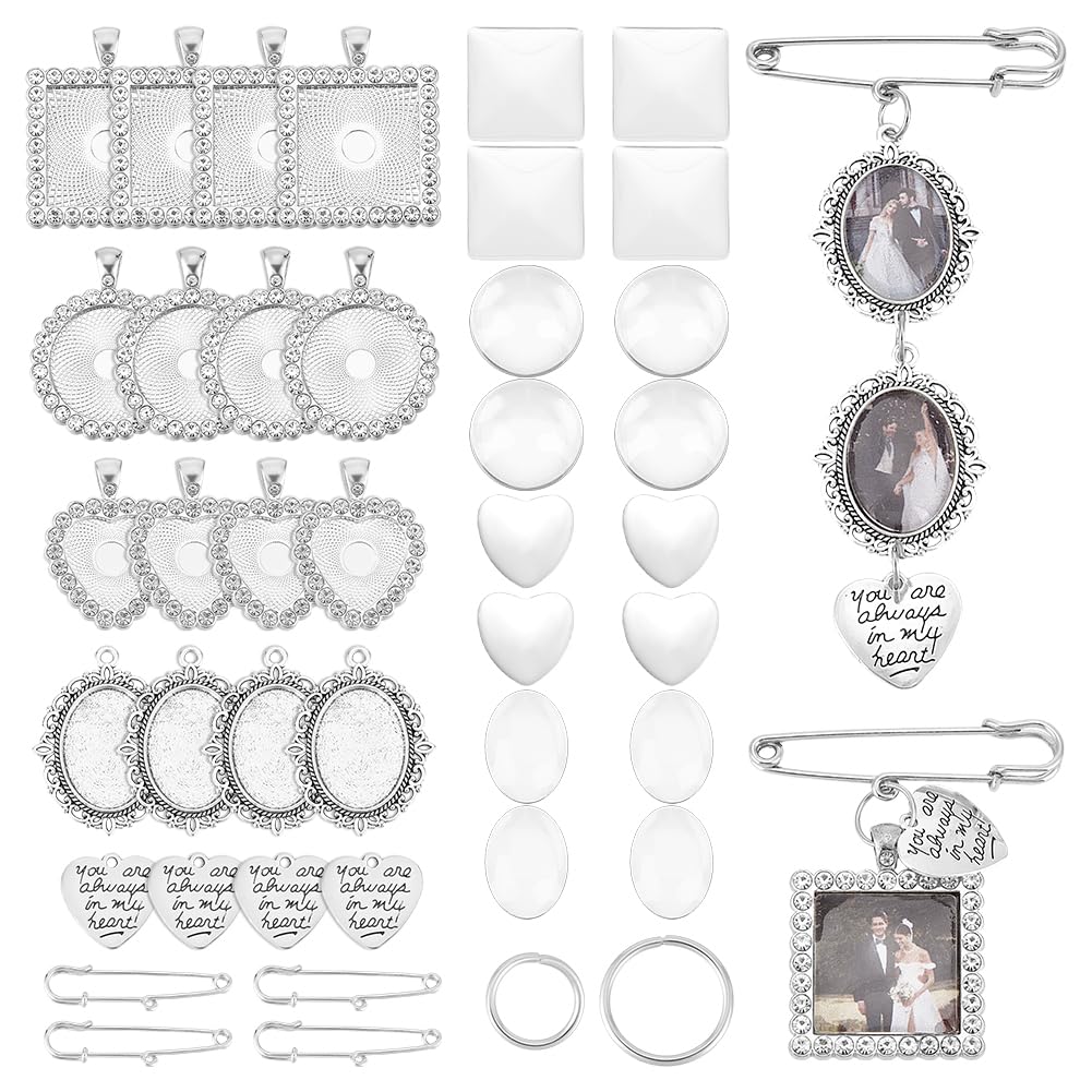 UNICRAFTALE 4 Sets 4 Styles Wedding Bouquet DIY Photo Charm Bouquet Memorial Bridal Charm Oval Round Pin Brooch Making Kit Heart Memorial Locket Cabochon Pendants for Wedding Party Bridal Shower