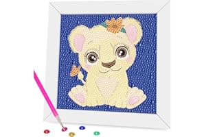 Miairivy Diamond Painting for Kids, 5D Animal Diamond Art Mini Small Kit(with Wooden Frame), DIY Cute Lion Big Gem Painting Set, Paint by Diamonds Crafts for Girls Boys Ages 4-12