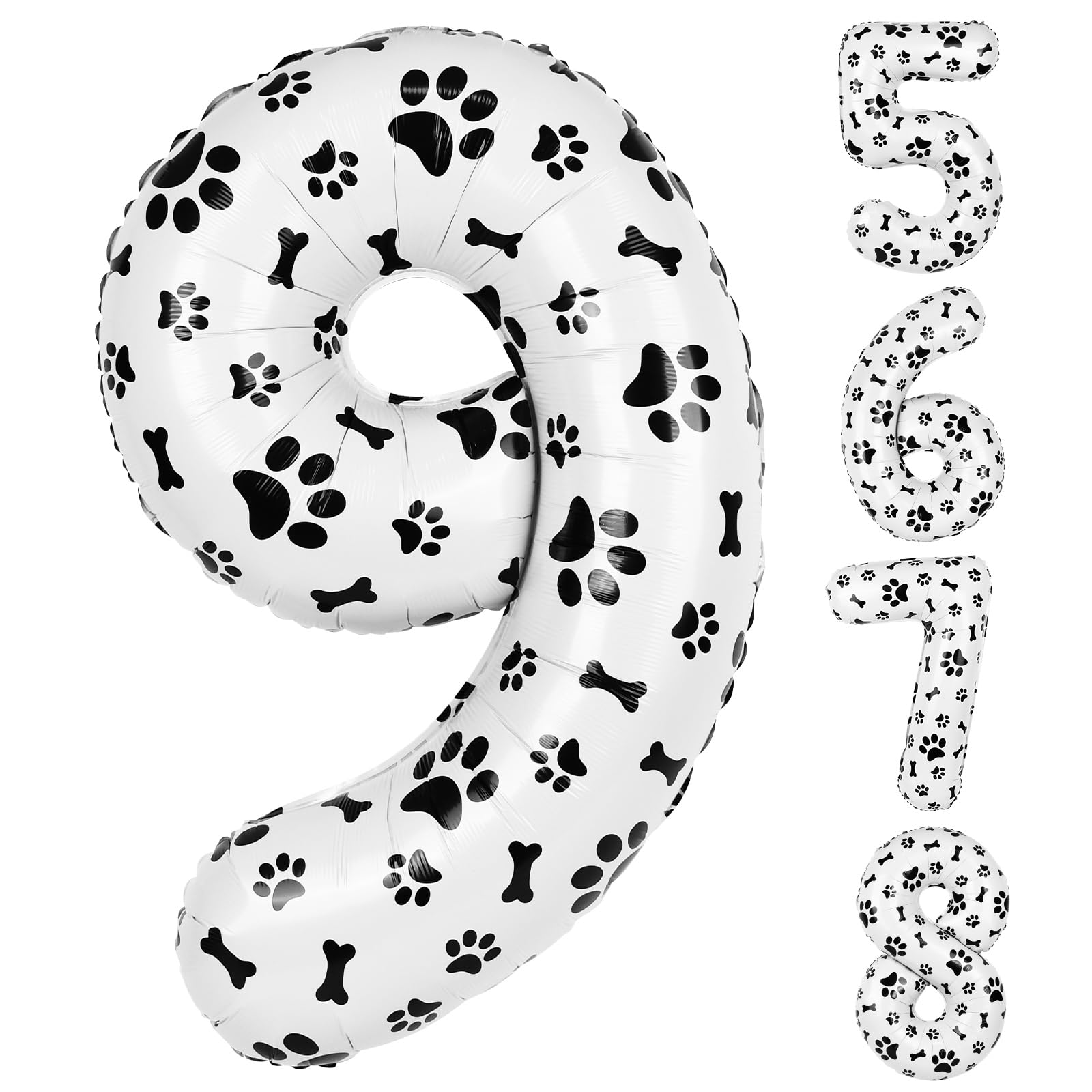 40 Inch Dog Foil Birthday Balloons, Black White Dog Paw and Bone Print Number 9 Balloons for Girls Boys 9th Birthday Party Decorations(Number 9)