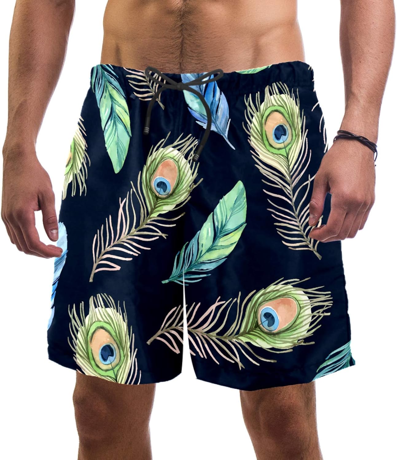 Mens Short Peacock Feather Swim Trunks Quick Dry Breathable Sports