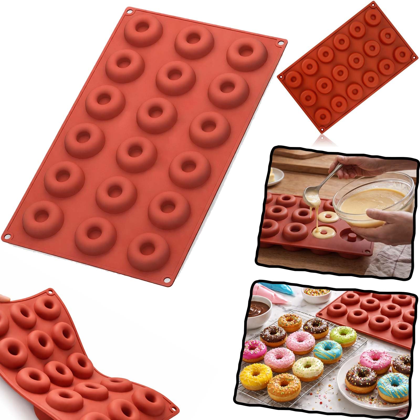 HOVUK 18 Cavity Silicone Donut Mould Non Stick Mini Doughnut Baking Tray Flexible Reusable Baking Mold for Oven Microwave Freezer Dishwasher Safe Cake Biscuit Chocolate Maker