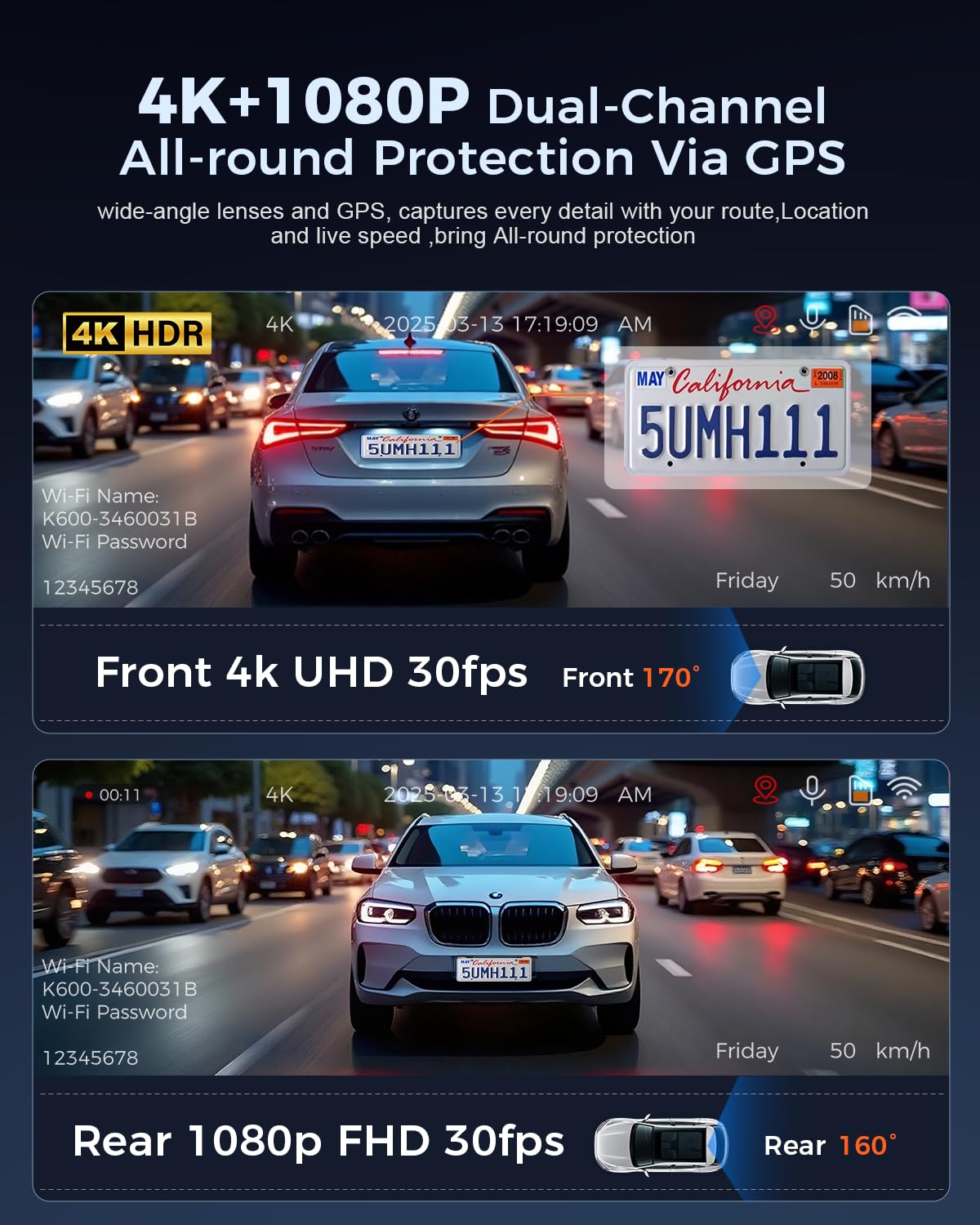 K600 4k Dash Cam Front and Rear, 3.59