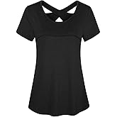 Kimmery Woman Short Sleeve Round Neck Criss Cross Back Yoga Shirt