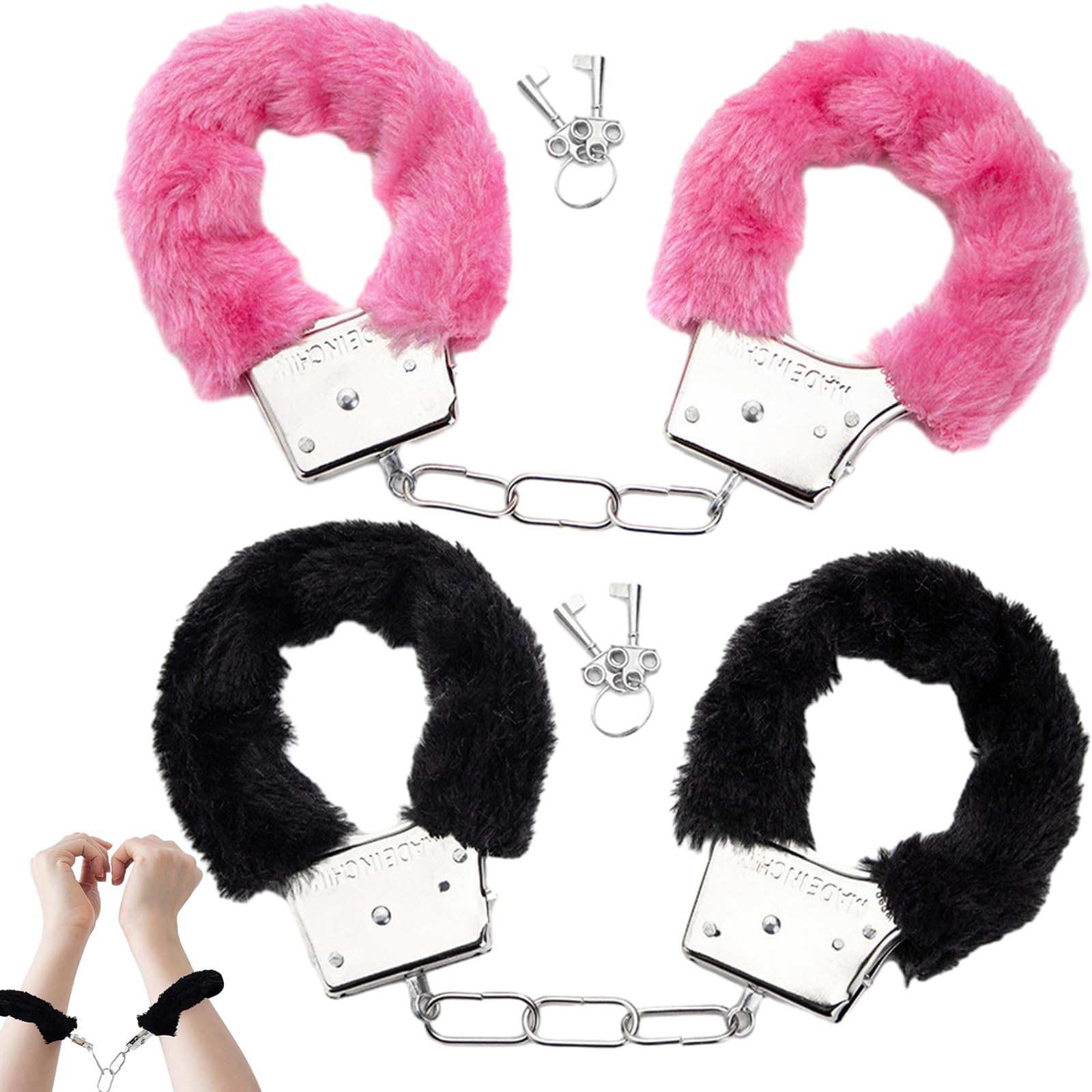 DALAETUS 2 Pairs Handcuffs with 4 Keys Set, Pink Fluffy Handcuffs for Adult, Valentine's Gift, Black Metal Handcuffs for Cosplay, Handcuffs Prop, Dress Ball Party, Pink/Black