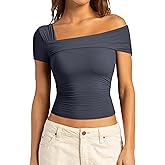 SUUKSESS Women One Off The Shoulder Summer Tank Tops Ruched Short Sleeve Shirts