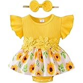 Aenbilo Baby Girl Clothes Summer Outfit Romper Skirt Ruffle Sleeve Cute Bow Headband Infant Bodysuit Set 0-18 Months
