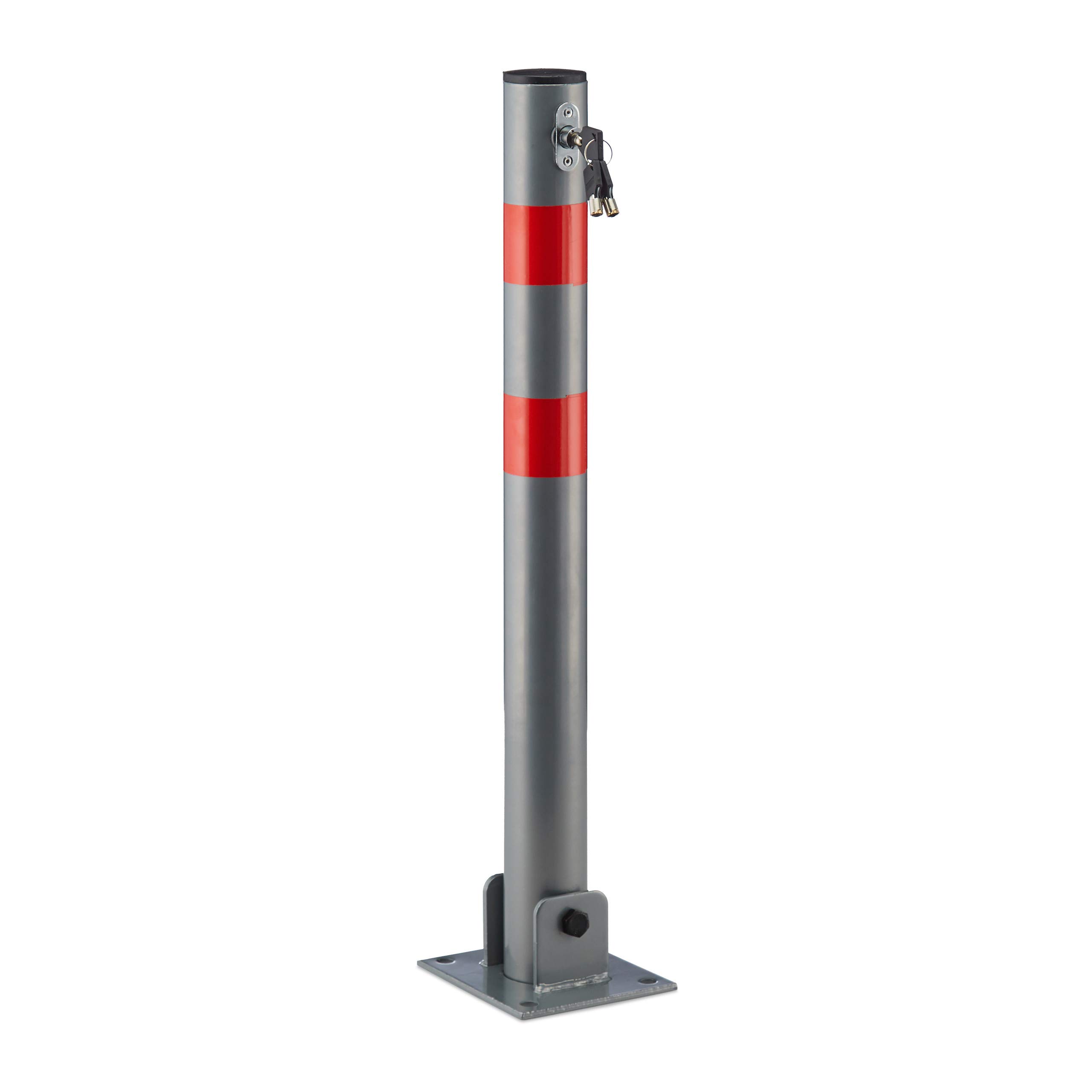 Relaxdays Round Parking Barrier 64 cm Tall Barrier Post to Block Parking Space, Folding Bollard Locking Pole with 3 Keys Car Parking Spot of Steel with Red Warning Marks, Grey