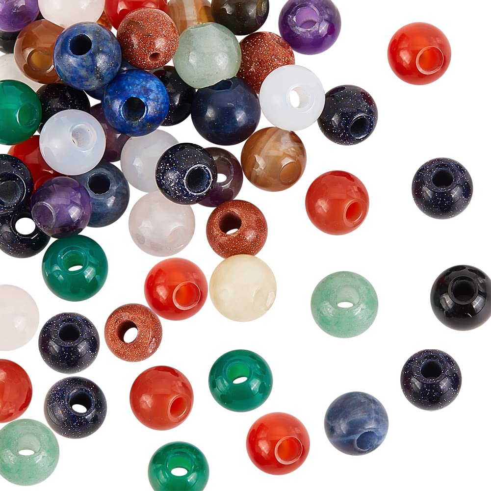 OLYCRAFT 50 Pcs Big Hole Natural Stone Beads Random Round Loose Gemstones 2mm Hole Beads Assorted Large Hole Stones for DIY Necklace Charm Bracelet Jewelry Making