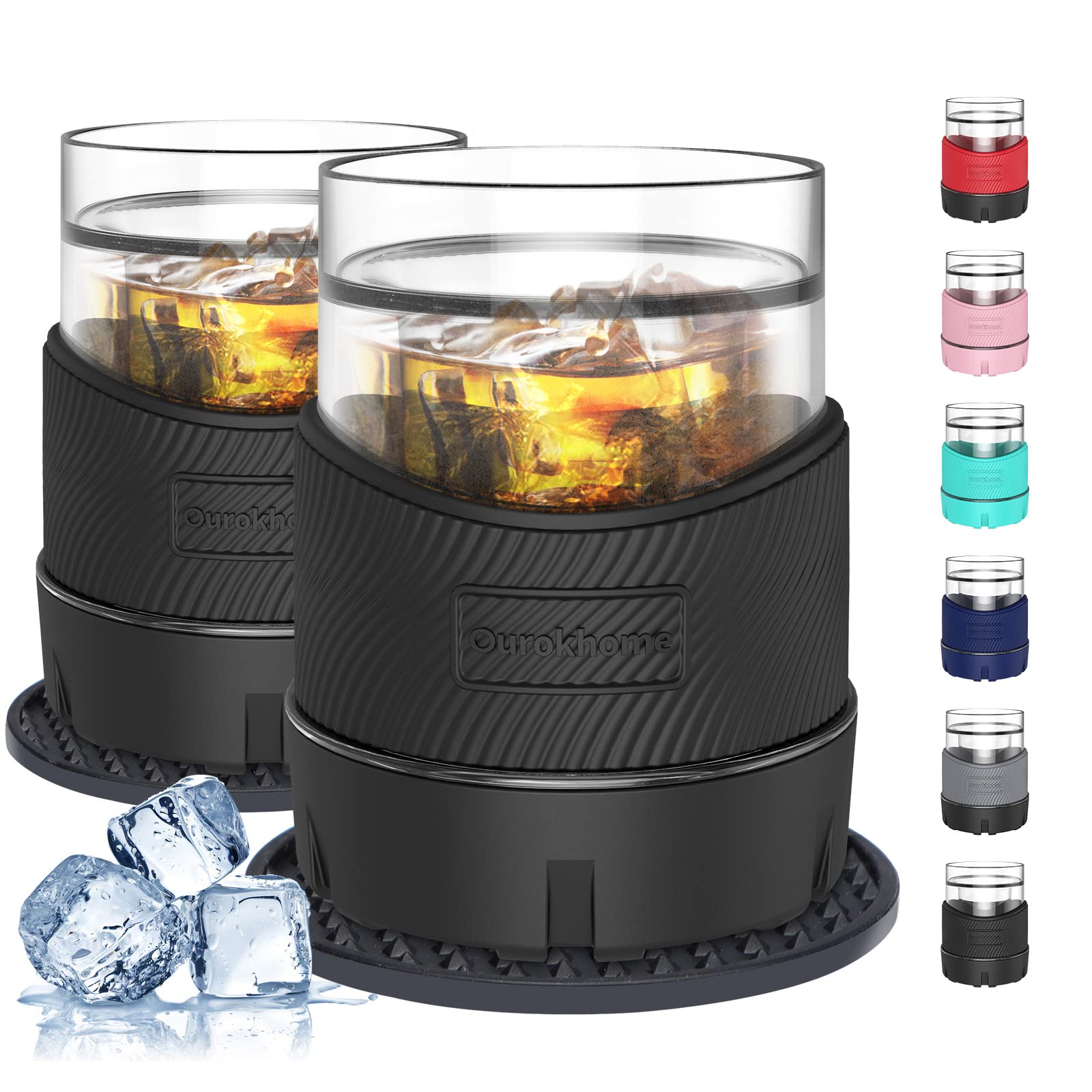 Photo 1 of Ourokhome Whiskey Freeze Glasses, Patent Plastic Ice Chiller for Bourbon, Scotch, White Wine, 5 oz Insulated Liquor Tumbler for Men and Women, 2 Sets, with 2 Silicone Cup Mats, Black