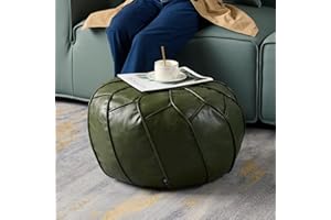 Louis Donné Handmade Moroccan Boho Chic Eco-Friendly Waterproof Faux Leather Unstuffed Pouf Ottoman Cover,Round Storage DIY Foot Rest, Ethnic Decorative Accent for Living Room Bedroom（Green）