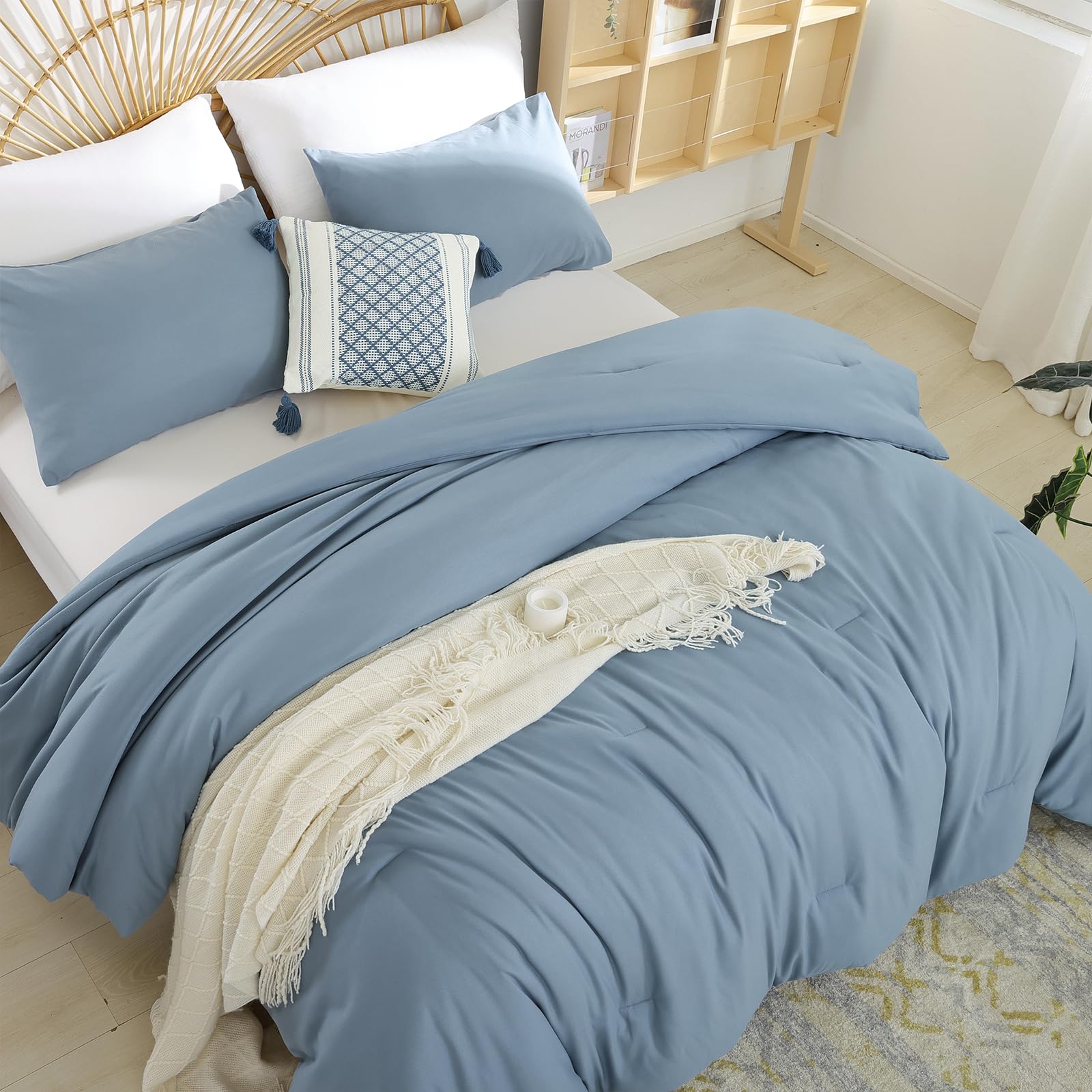 Photo 1 of Weigelia Boho Dusty Blue 3PCS Microfiber Bed Comforter Set for All Seasons - Soft, Lightweight Comforter and Pillowcases
