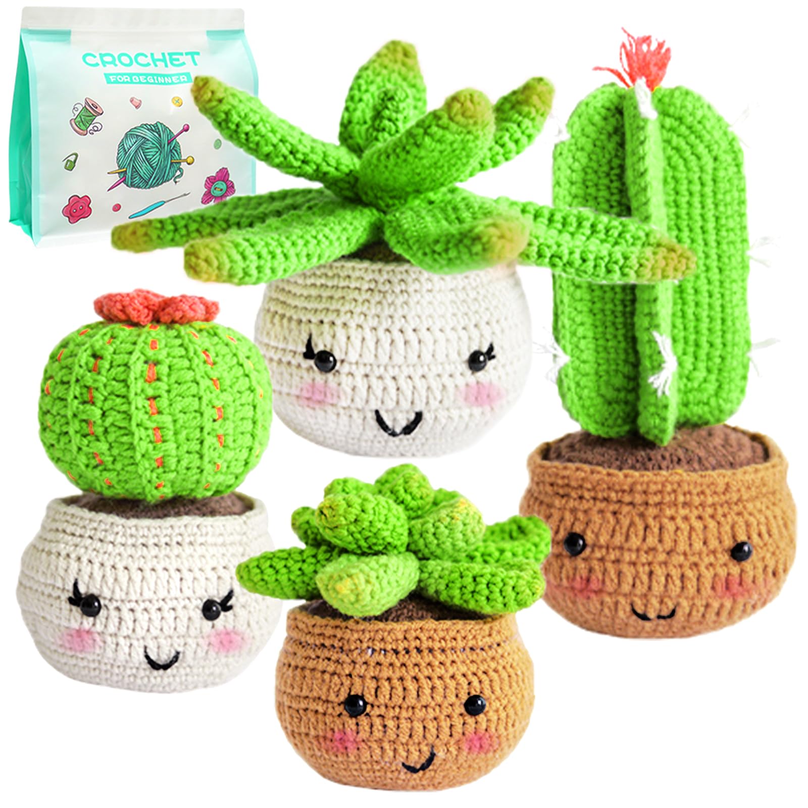 Beginner Crochet Kit for Adults, Crochet Kits for Beginners, 4PCS Potted Plant Crochet Kit, Crochet Gifts, Crochet Starter Kit for Complete Beginners Adult and Kids with Step-by-Step Video Tutorials