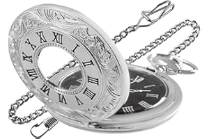 Realpoo Hollow Roman Digital Scale Men's Quartz Pocket Watches, Quartz Pocket Strap with Chain for Men