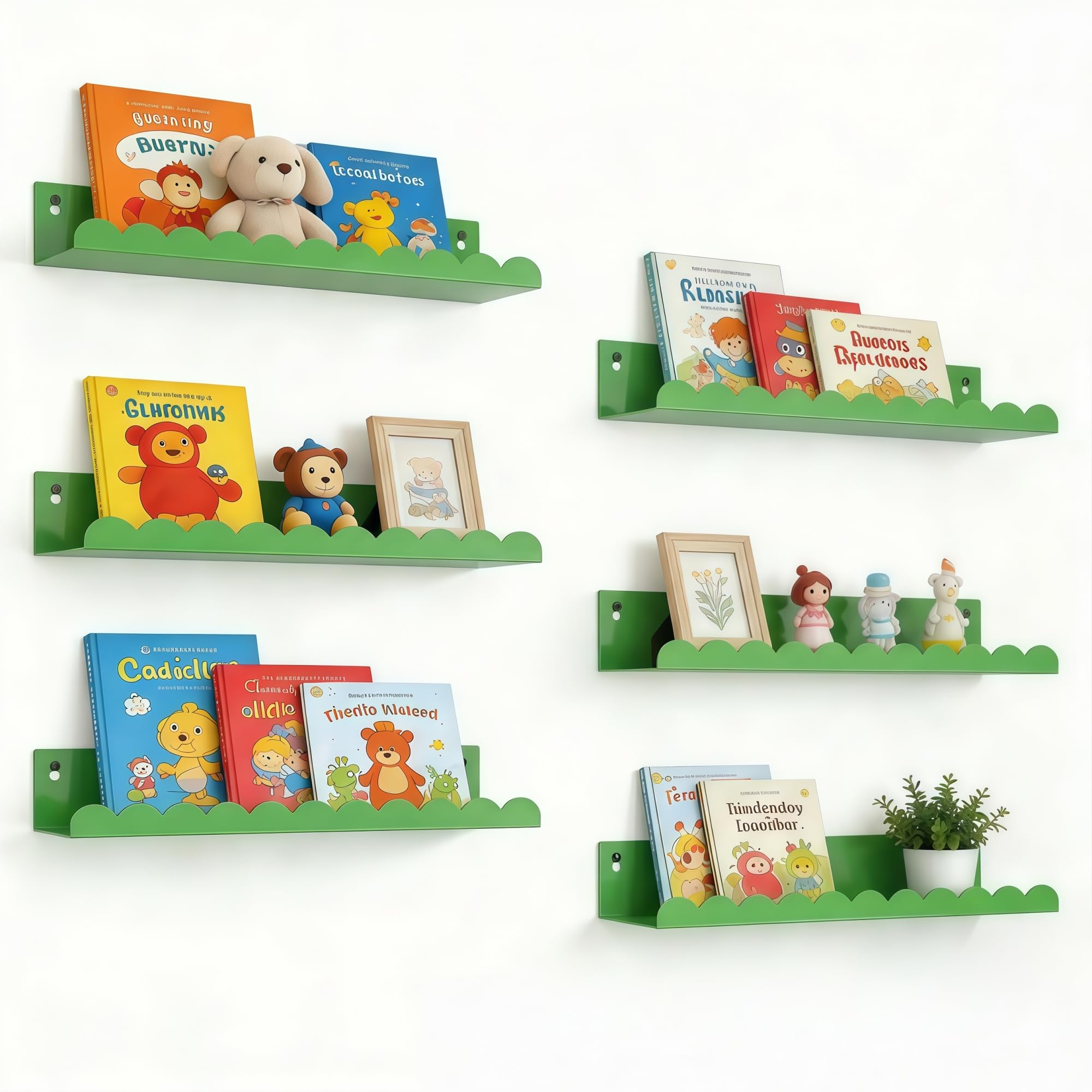FESTLOVE Nursery Book Shelves Set of 6, Green Metal Floating Shelves for Wall, 16 Inch Scalloped Book Shelf for Kids Room, Bathroom, Bedroom, Playroom Wall Decor & Storage