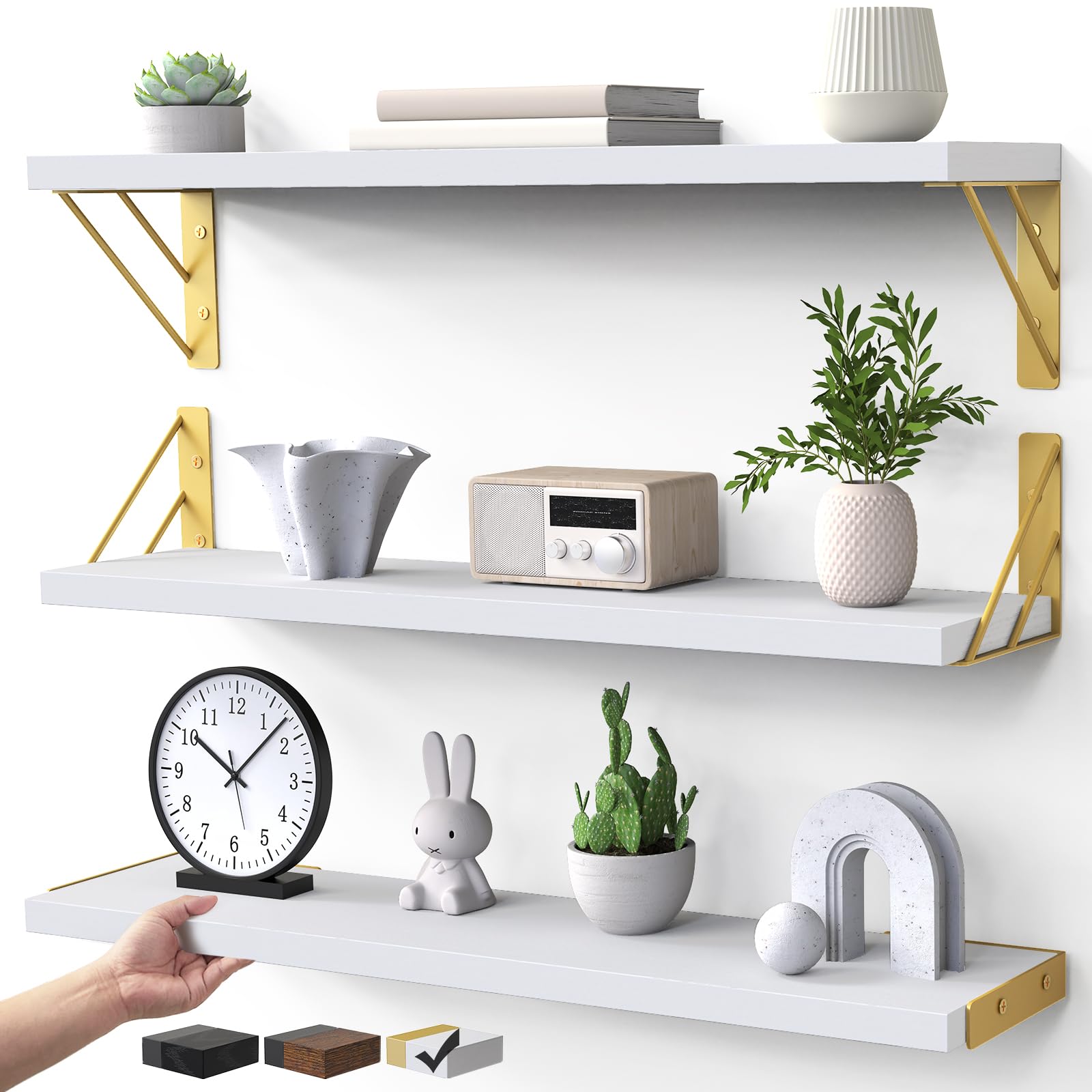 BAYKA Wall Shelves for Bedroom Decor, Floating Shelves for Living Room Kitchen Storage, Wall Mounted Rustic Wood Shelves for Kids Books,Corner Shelves for Bathroom(White and Gold，23in，Set of 3) Image