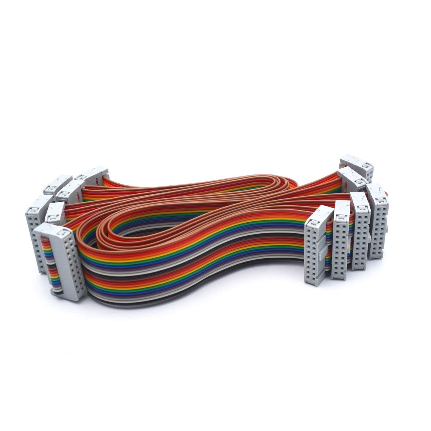 Antrader 30CM 20-Pin IDC Connector Flat Rainbow Ribbon Cable with Black 2.54mm FC Dual Row Female to Female Sockets, 6 Pieces
