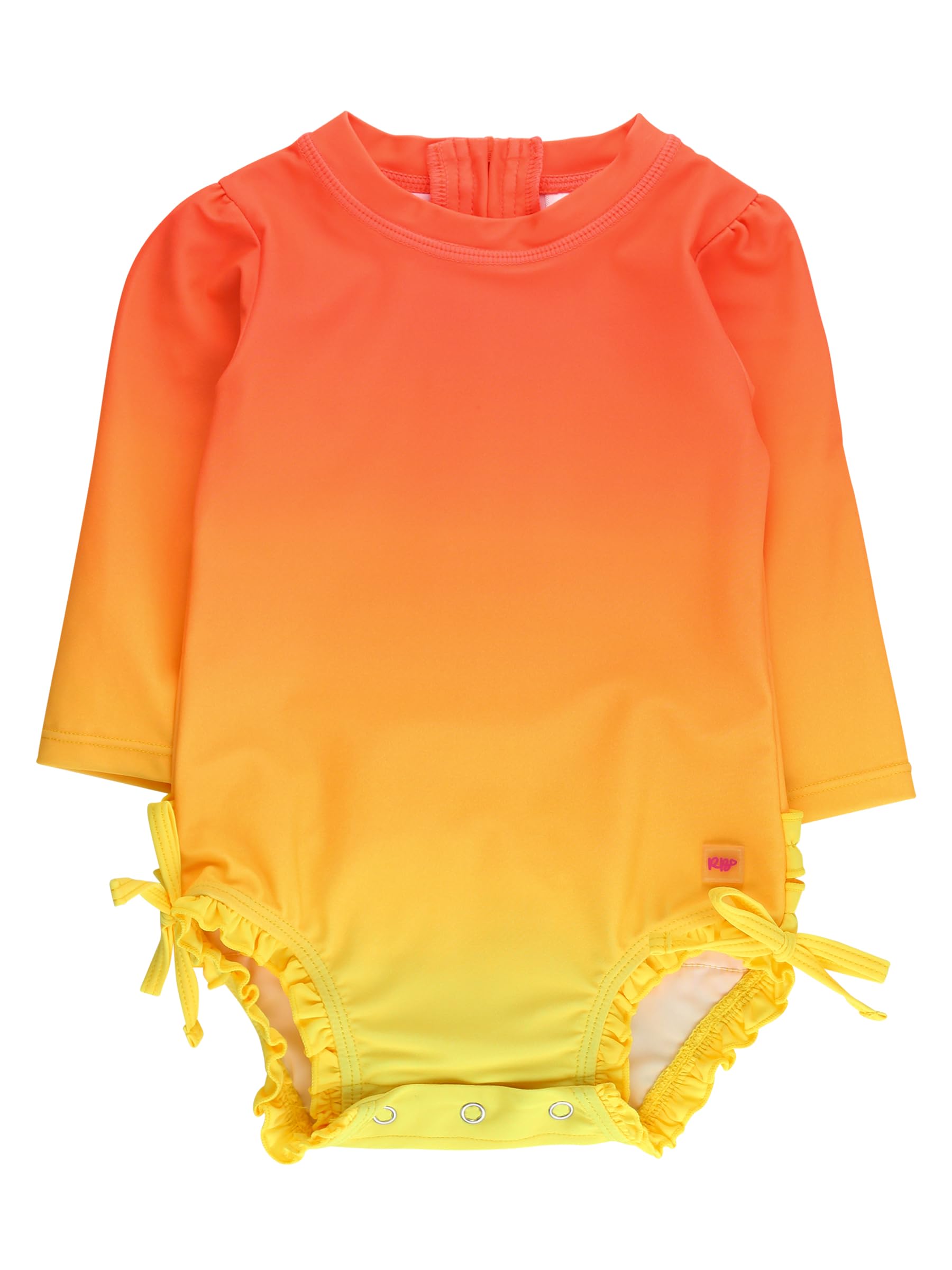 RuffleButts Baby Girls UPF 50+ Sun Protection Novelty Print Long Sleeve One Piece Rash Guard Swimsuit with Zipper - Neon Citrus Sunrise, 18-24m Image