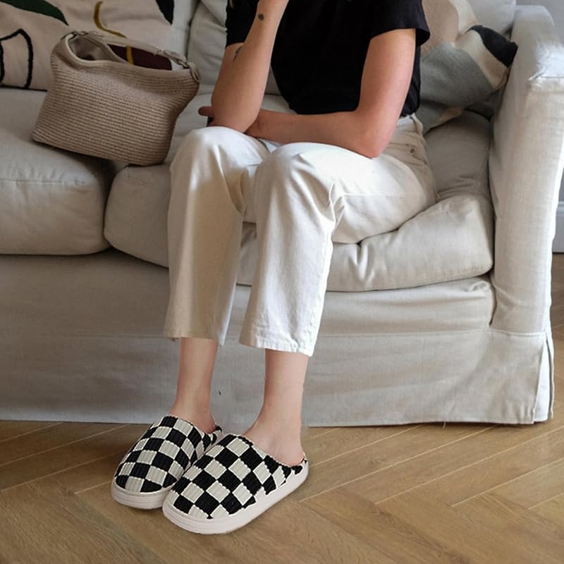 Chaussons Femmes Hommes,Des Pantoufles à Carreaux en Mousse Floue Glissent sur des Pantoufles Moelleuses de Chambre à Coucher anti-skid Intérieur Extérieur(Noir,38/39 EU)